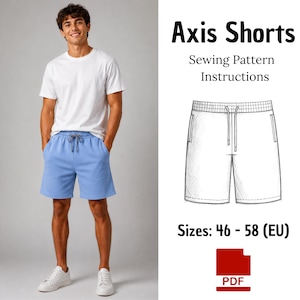 May include: A digital sewing pattern for Axis Shorts, featuring instructions and a technical sketch of shorts with an elastic waistband, drawstring, and side pockets. The pattern is available in sizes 46-58 (EU) and is provided as a PDF file.