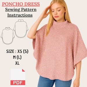 Puede incluir: Un patrón de costura de vestido poncho rosa con instrucciones. El patrón incluye tallas XS, S, M, L y XL. La imagen muestra a una mujer con un vestido poncho rosa. El patrón está disponible en formato PDF.