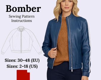 May include: A blue bomber jacket with white stripes on the sleeves, a zipper closure, and a ribbed hem. The image also includes a line drawing of the jacket and text that reads "Velura Bomber Sewing Pattern Instructions". Sizes 2-18 (US).