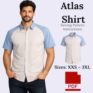 Op de afbeelding: Een overhemd met knopen, lichtblauwe pas en mouwen en een crèmekleurig lijfje. De afbeelding bevat de tekst "Atlas Shirt Sewing Pattern Instructions" en "Maten: XXS - 3XL". Er is ook een PDF-pictogram aanwezig.