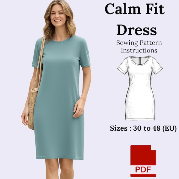 knit t shirt dress pattern Calm Fit Sewing PDF. Dress.Beginner Friendly FC:Embellished