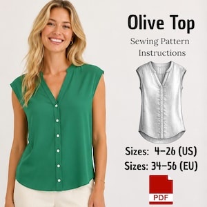 Può includere: Un top verde senza maniche con scollo a V e abbottonatura frontale. Accanto si trova un disegno al tratto in bianco e nero del top etichettato Olive Top Sewing Pattern Instructions, con taglie 4-26 (US) e 34-56 (EU) e un'icona PDF rossa.