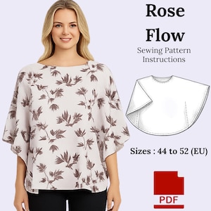 Mönster för blus med avslappnad passform: Rose Flow-design (storlekar 44-52) (PDF-mönster)