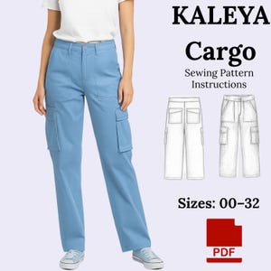 May include: Light blue cargo pants with multiple pockets, shown on a person. The image includes the text "KALEYA Cargo Sewing Pattern Instructions" and "Sizes: 00-32" with a PDF icon. The pants are a solid color and have a classic design.