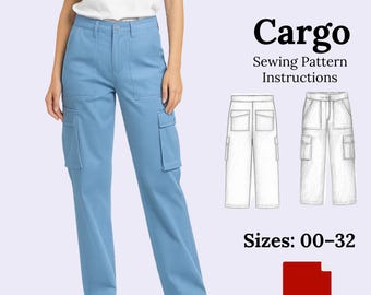 Puede incluir: Pantalones cargo azul claro con múltiples bolsillos, mostrados en una persona. La imagen incluye el texto "KALEYA Cargo Sewing Pattern Instructions" y "Tallas: 00-32" con un icono PDF. Los pantalones son de color liso y tienen un diseño clásico.