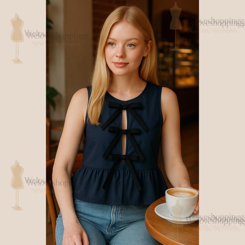 Op de afbeelding: Marineblauwe mouwloze top met zwarte strikaccenten in het midden en een peplumzoom. De top heeft een sleutelgatdetail en wordt gecombineerd met een blauwe jeans. Een kopje koffie staat op een houten tafel.