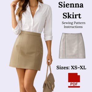 May include: A tan Sienna skirt sewing pattern with instructions. The image shows a woman wearing the skirt, paired with a white button-down shirt. The pattern is available in sizes XS-XL. A PDF icon is also included.