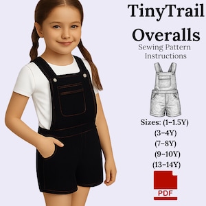 Puede incluir: Overol de mezclilla negro con costuras rojas, usado sobre una camiseta blanca. La imagen incluye el texto "TinyTrail Overalls Sewing Pattern Instructions" y tallas de 1-1.5Y a 13-14Y. También hay un icono PDF.
