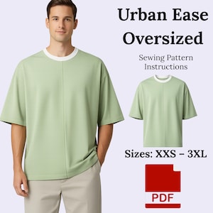 May include: A light green oversized t-shirt with a white collar, modeled by a person. The image includes a smaller version of the shirt and text that reads "Urban Ease Oversized Sewing Pattern Instructions" and "Sizes: XXS - 3XL". A red PDF icon is also present.