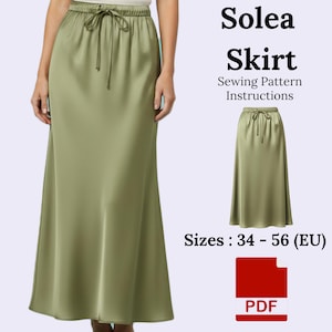 Pode incluir: Uma saia longa verde-oliva com cintura com cordão. A imagem inclui uma versão menor da saia e o texto "Solea Skirt Sewing Pattern Instructions" e "Tamanhos: 34 - 56 (EU)". Um ícone PDF também está presente.