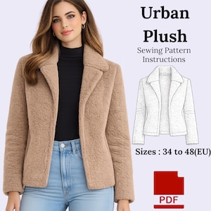 Puede incluir: Chaqueta de felpa color canela con cuello clásico y cierre de botones. La imagen también incluye un diagrama de patrón de costura y el texto "Urban Plush Sewing Pattern Instructions". Tallas: 34 a 48 (EU).
