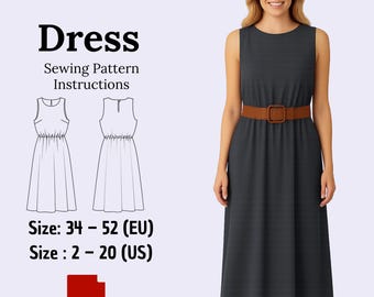 May include: A dark gray sleeveless dress with a brown belt and a square buckle. The image includes a sewing pattern with the text "Calessia Dress Sewing Pattern Instructions". Sizes range from 2-20 (US) and 34-52 (EU).