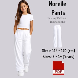 May include: Norelle Pants sewing pattern instructions in PDF format. The document features white wide-leg pants for sizes 116-170 cm, corresponding to ages 5-14 years. The text includes the title Norelle Pants and a red PDF icon.