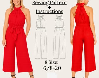 May include: A red jumpsuit dress sewing pattern with instructions. The image shows a woman wearing the jumpsuit, and a line drawing of the garment. The text on the image reads "Jumpsuit Dress Sewing Pattern + Instructions" and "8 Size: 6/8-20".