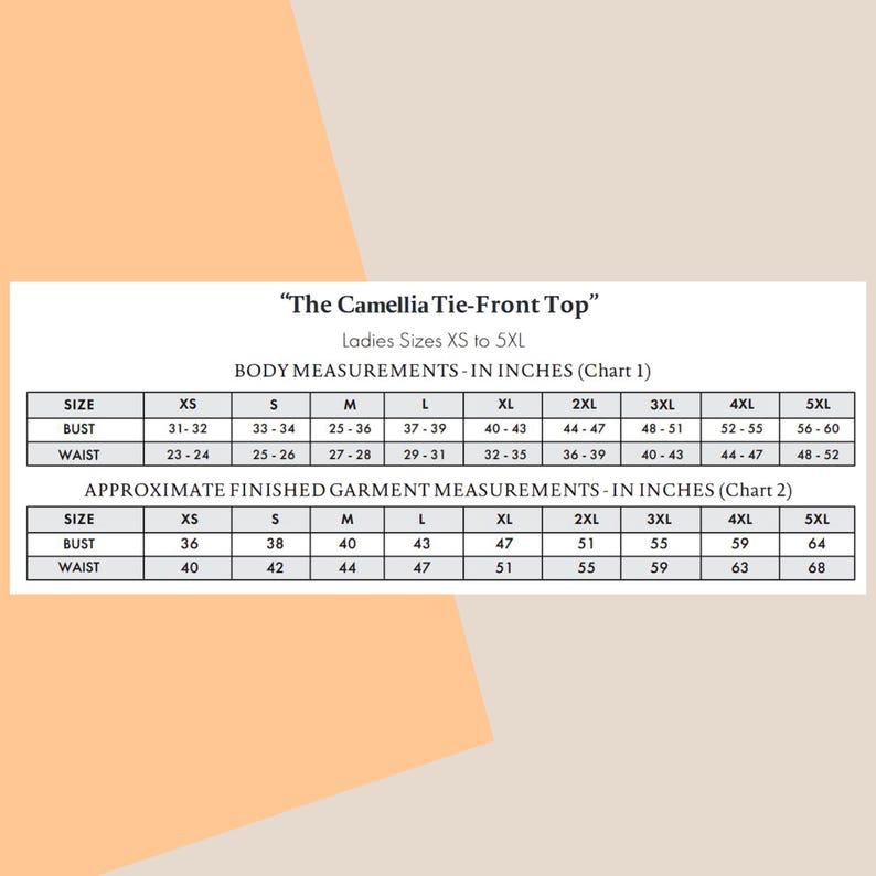 Op de afbeelding: Een witte tabel met zwarte tekst met details over lichaams- en kledingmaten in inches voor "The Camellia Tie-Front Top". Maten vari&euml;ren van XS tot 5XL. De tabel bevat borst- en taillematen.