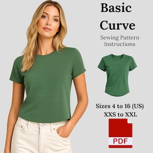 May include: A green t-shirt with a round neck and short sleeves. The image includes the text "Basic Curve Sewing Pattern Instructions" and size information for US sizes 4 to 16, XXS to XXL. A PDF icon is also present.