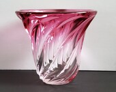 Signed Val St Lambert Art Glass Vase, Cranberry Pink Swirl