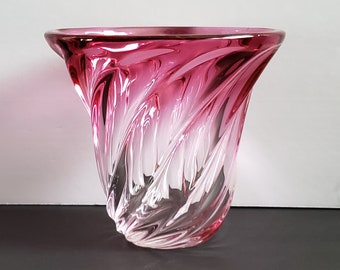 Signed Val St Lambert Art Glass Vase, Cranberry Pink Swirl