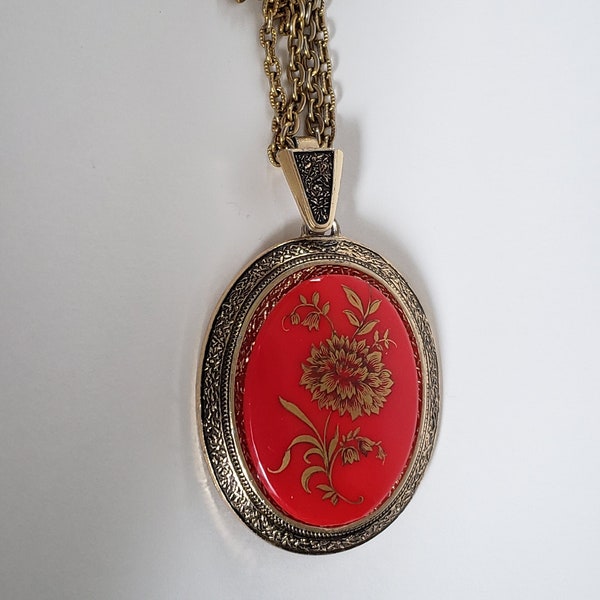 VENDOME 22" Hand Painted Floral Cameo Necklace /  Red Plastic, Double Strand Gold Tone Chain,  High Quality  Craftmanship with Hang Tag