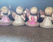 Vintage Angel Christmas Ornaments Holding Candles Tinsel Mesh Dresses Foil Wings Spun Cotton Heads Cardboard Bodies Made in Japan Set 4