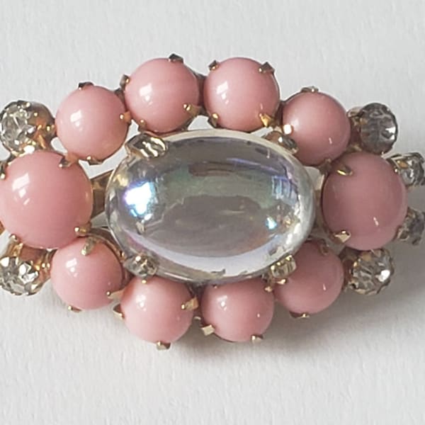 Oval Rhinestone and Pink Milk Glass Brooch, Iridescent Focal Bead, Vintage Pronged Brooch