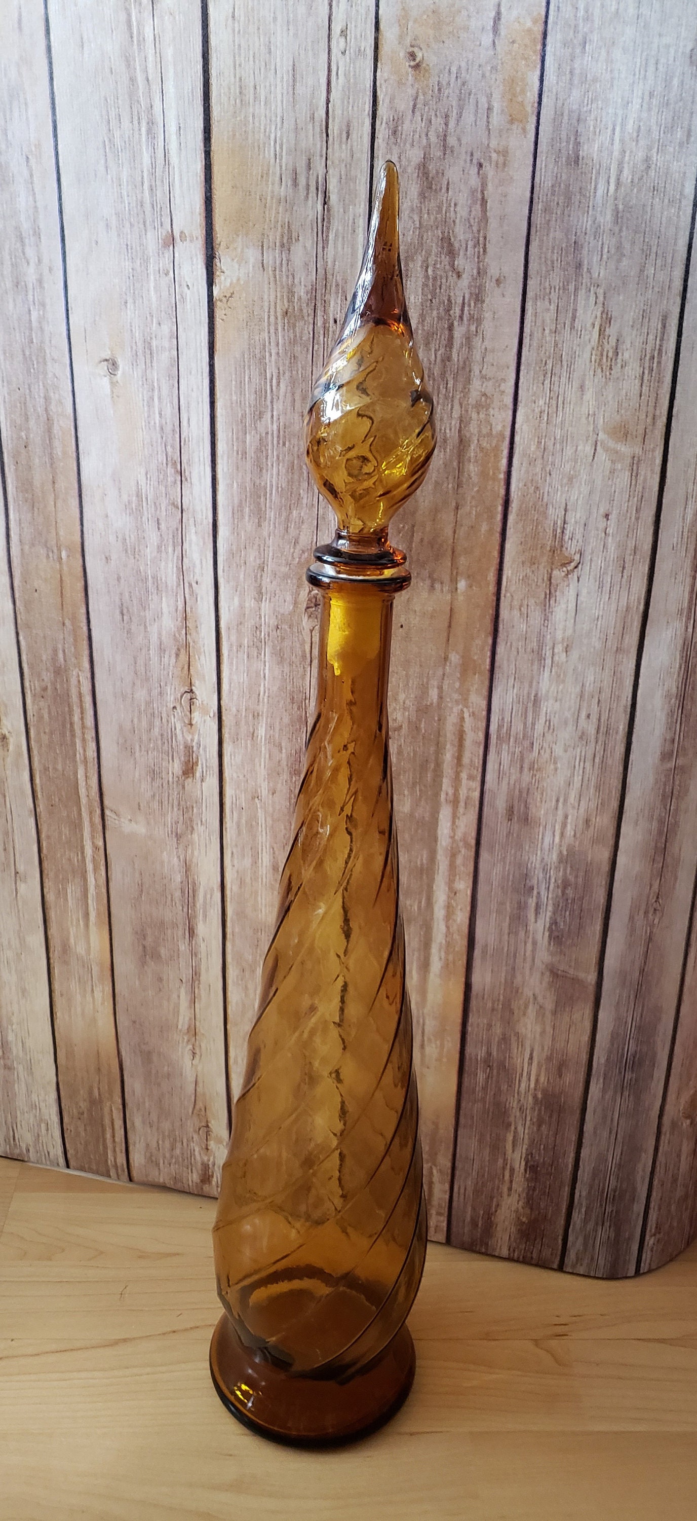 XL Amber SWIRL Pattern Glass Genie Bottle Decanter / Mid-century