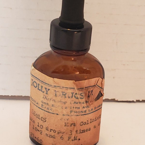 Jolly Drugs ~ BIGO Dropper ~  Prescription Medicinal Bottle,  Paper Label, Apothecary Bottle, Rustic Décor