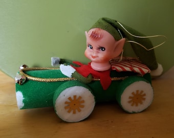 Boy Pixie Elf Crusin in a Car, Felt Pixie, Christmas Pixie Decoration