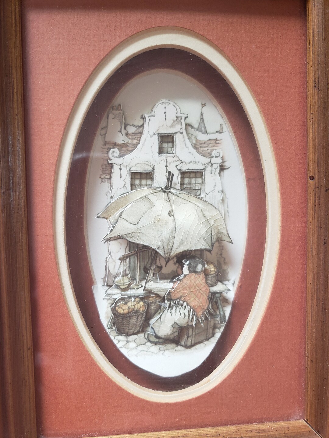 Set of 2 Paper Tole Pictures / Street Seller Market Scene Paper Tole