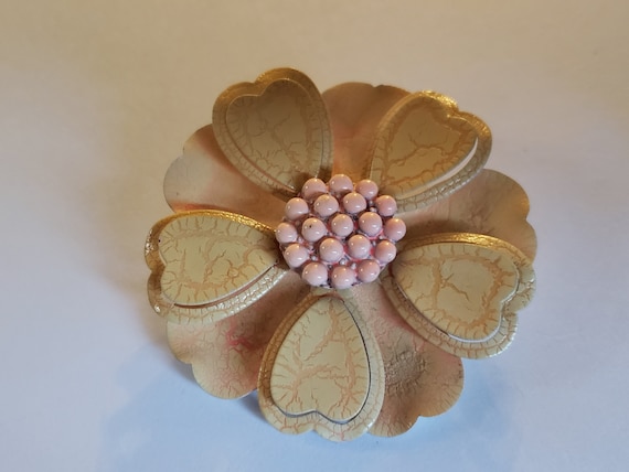 Vintage Enamel Beige and Pink Crackle Floral Broo… - image 2