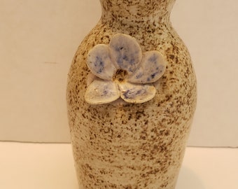 Studio Pottery Beige Brown Earthenware Small Vase, Blue Flower Pottery Cabinet Vase, Signed