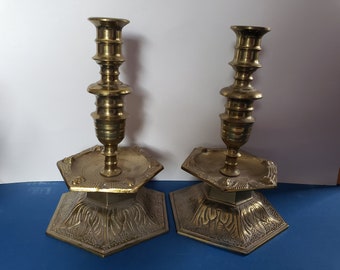 Large Baroque Style MALM Brass Candlestick Holders, Heavy Mantle Candlestick Holders, Pair as Shown