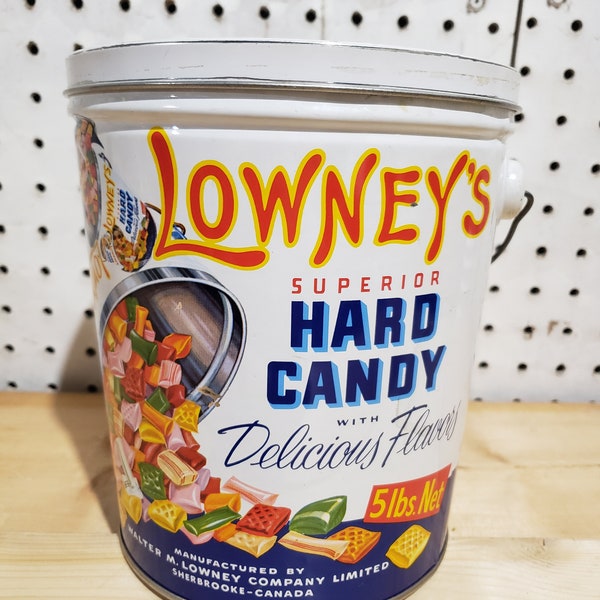 Vintage Lowney's Hard Candy 5LB Tin, Storage Tin, Collector Tin, Vintage Candy Tin, Great Graphics!