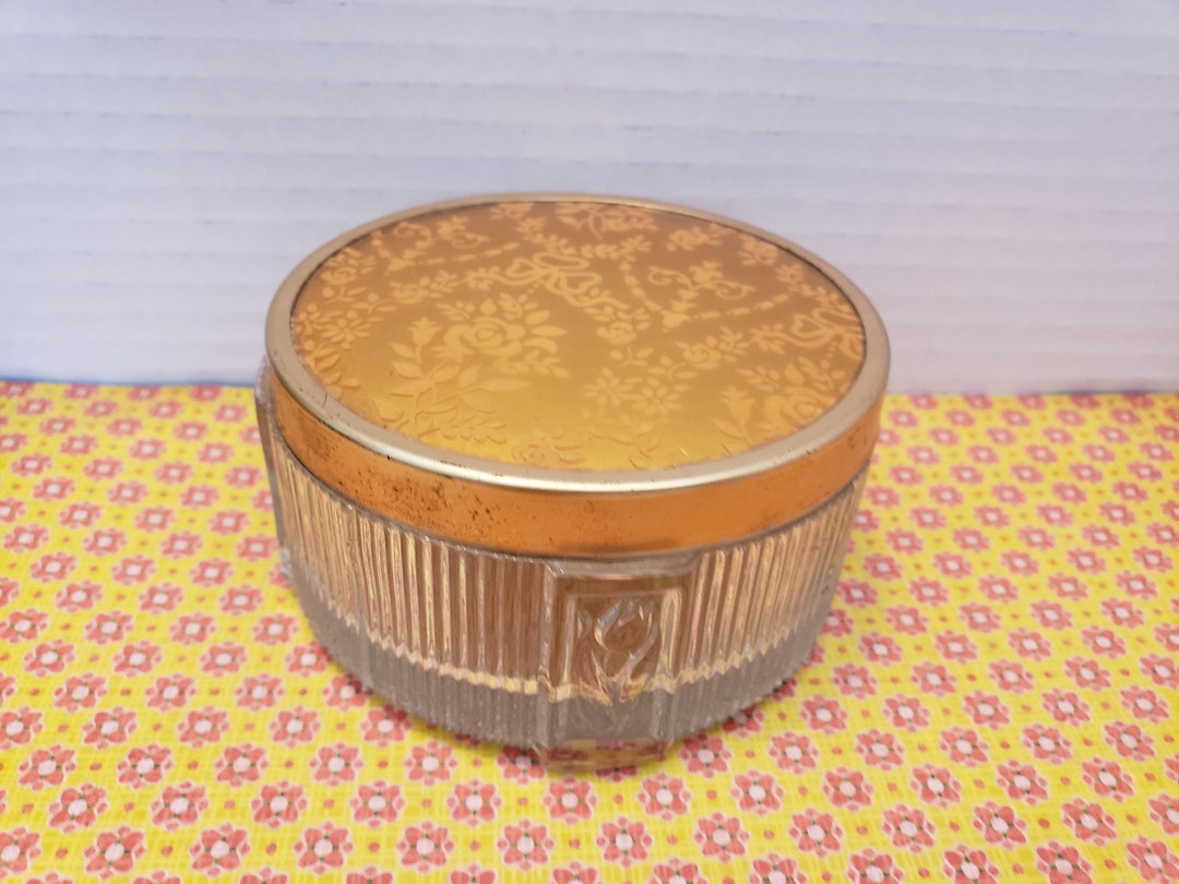 Art Deco Ribbed Glass Vanity Jar, Rose Accent Gold Top, Footed Cosmetic