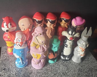 Assorted Vintage SOAKY Bubble Bath Bottles, EMPTY, Sylvester, Bugs, Muskie, Dopey, Bozo, Elmer, Jiminy Cricket, Pinocchio, Peter Potamus