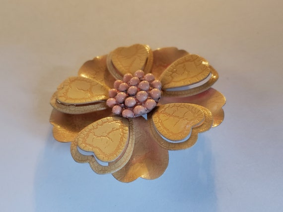 Vintage Enamel Beige and Pink Crackle Floral Broo… - image 4