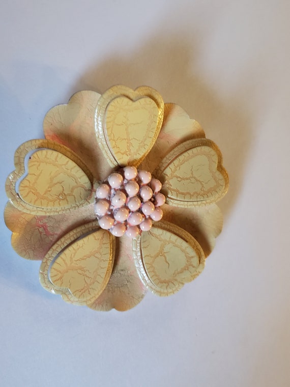 Vintage Enamel Beige and Pink Crackle Floral Broo… - image 1