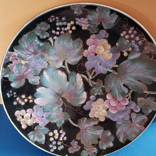 Large Oriental Cloisonné Centerpiece Plate, Black Plate w/ Grape & Leaf Design