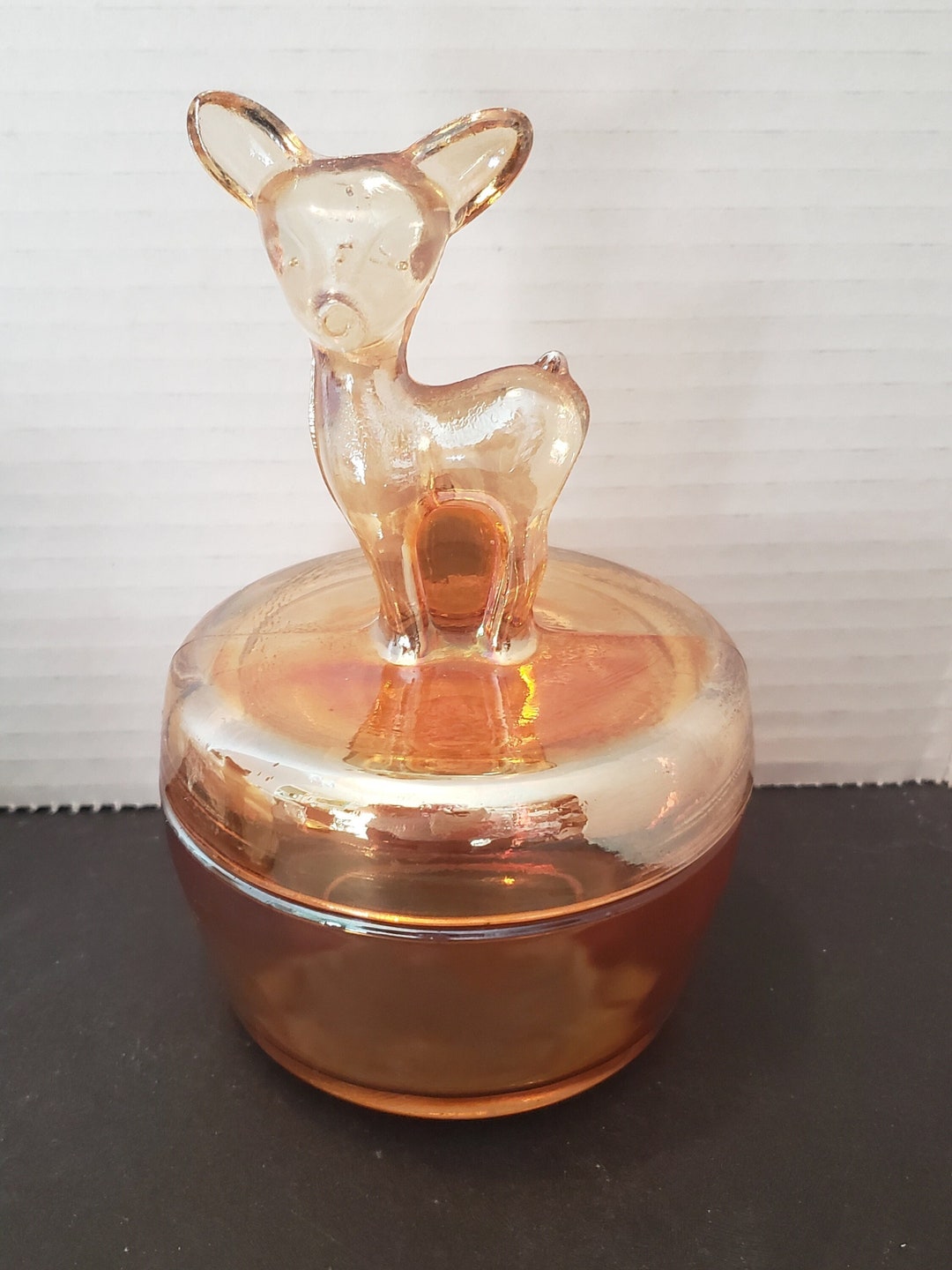 Glass Marigold Deer Trinket Box, Carnival Glass Deer Fawn