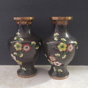 Antique Cloisonné Enamel Vases, Burgundy Pink Yellow Cherry Blossoms // SEE Listing