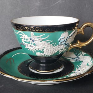 Vintage Stafford 3D Porcelain Dragonware Teacup, Hand Painted Green White Black Dragon Tea cup