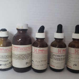 Lot of 5 Apothecary Bottles, Medicine Bottles, Schafer's Health Foods Unity Saskatchewan