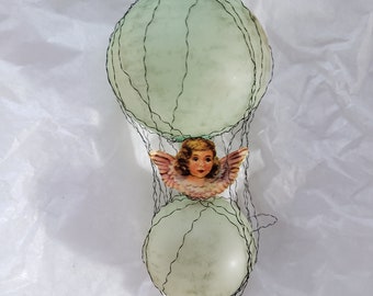 Antique Large Double Balloon Christmas Tree Ornament, Paper Cherub Wire Wrapped Glass Ornament,  Germany Christmas Decoration, Green