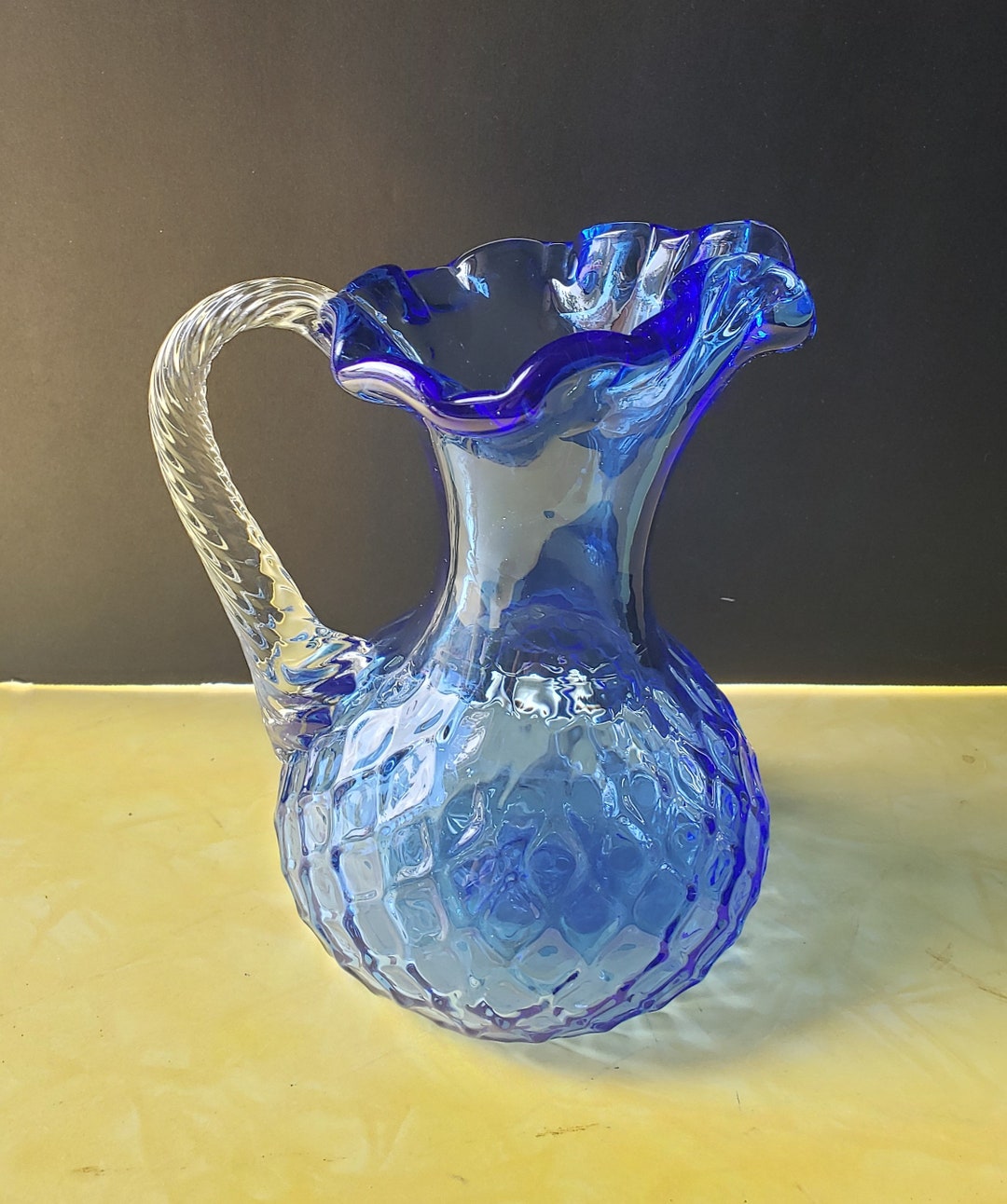 Blue Hand Blown Glass Jug Vase Blue Weave Design W/ Clear Etsy