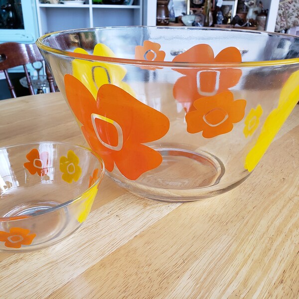 FEDERAL Flower Power Chip and Dip Bowl Set / Retro Orange Yellow Flowers / Missing ~ Metal Rack / Summer Fruit Bowl, Salad Bowl, Punch Bowl