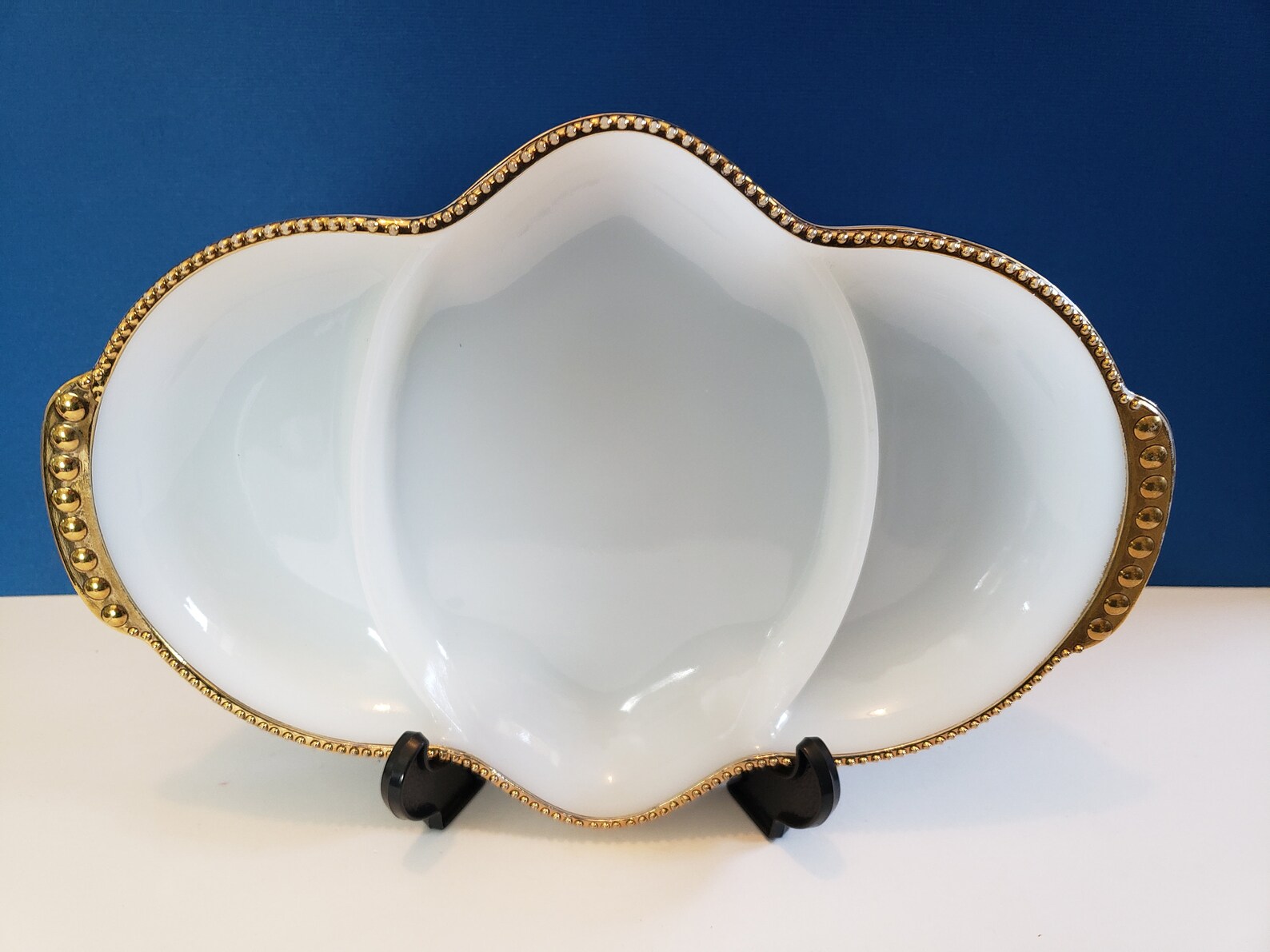 Fire King Oven Ware White Milk Glass Gold Trim Divided Dish Etsy