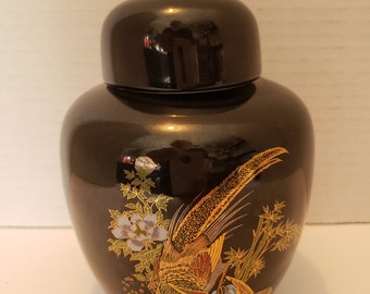 Black Porcelain Ginger Jar, Japanese Black Gold Floral Pheasant Design Lidded Jar