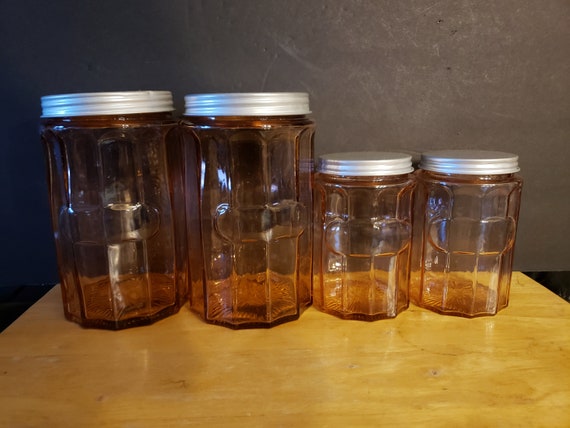 Hoosier Light Pink Glass Jar Canisters, Panelled Depression Glass, Aluminum  Lids, Set of 4 Pieces as Shown 