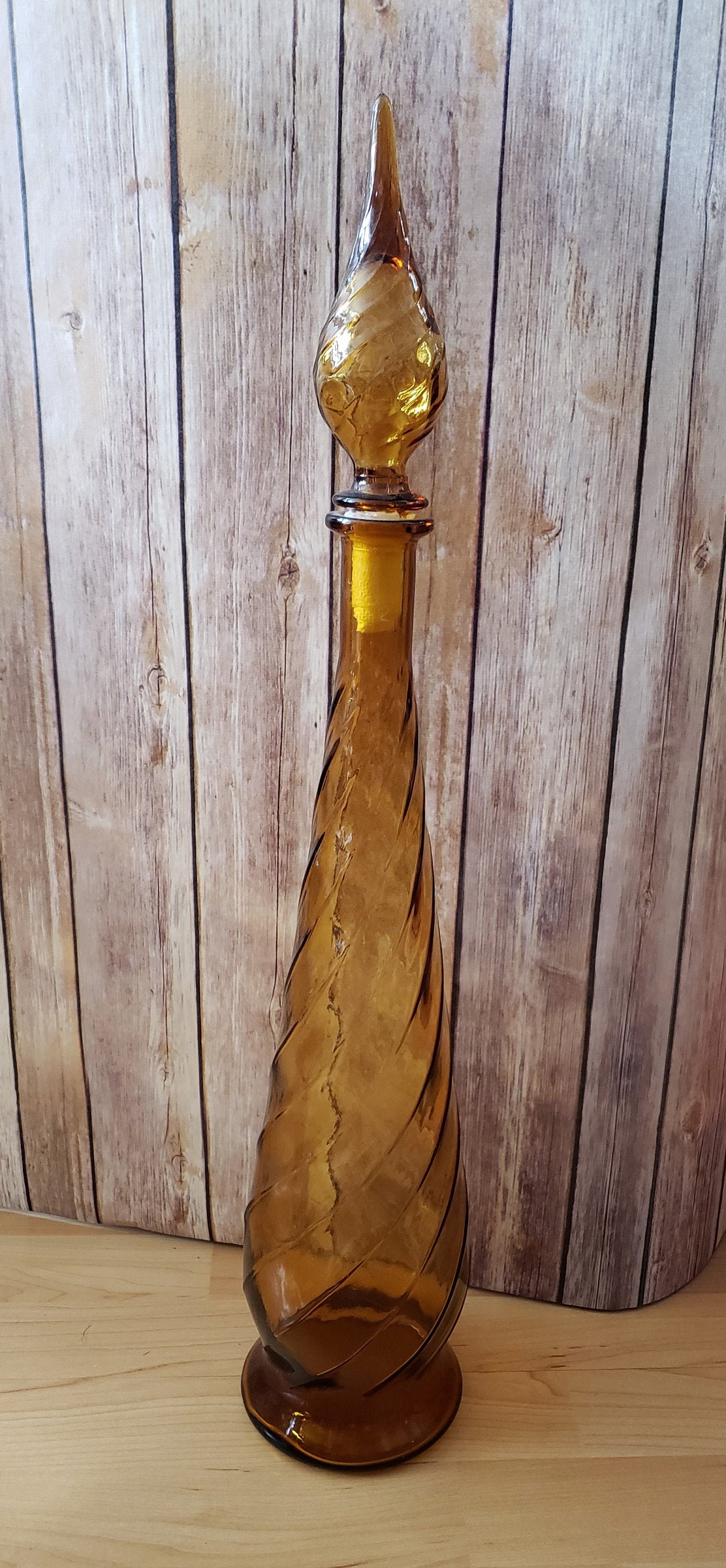 XL Amber SWIRL Pattern Glass Genie Bottle Decanter / Mid-century