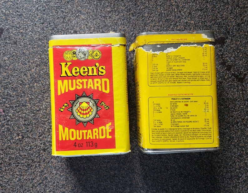 KEENS Mustard Containers 4oz 113g Vintage Kitchen Decor Great Advertising Graphics Yellow Red